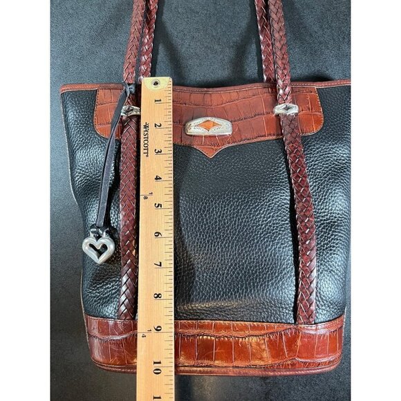 BRIGHTON Pebbled Black Leather Bucket Bag Purse Embossed Brown Croc Leather - Picture 12 of 16